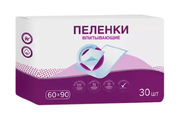 Пеленки впитывающие одноразовые, 60х90 см, 4 капли, 30 шт.