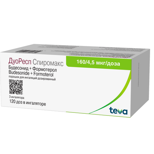 ДуоРесп Спиромакс, 160 мкг+4.5 мкг/доза, 120 доз, порошок для ингаляций дозированный, 3 шт.